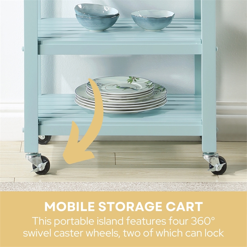 Pemberly Row 4-Tier Butcher Block Kitchen Cart w/ Drawer & Wine Rack - Blue Wood