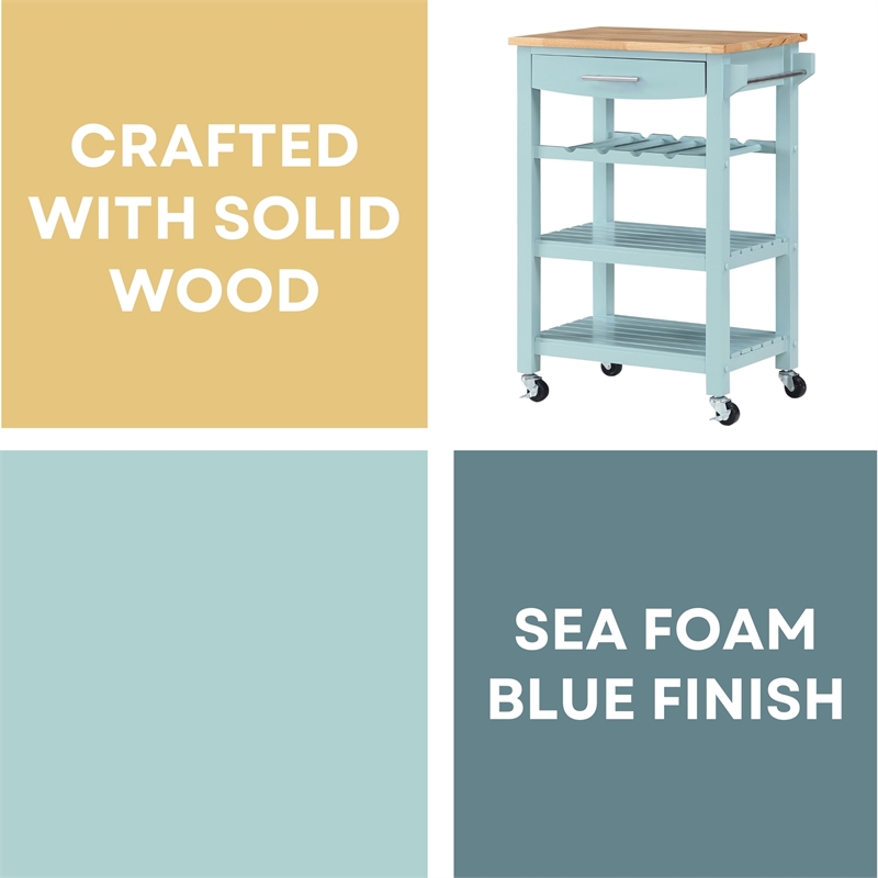 Pemberly Row 4-Tier Butcher Block Kitchen Cart w/ Drawer & Wine Rack - Blue Wood