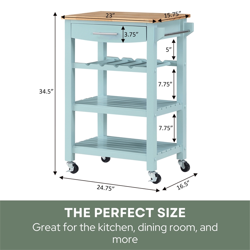 Pemberly Row 4-Tier Butcher Block Kitchen Cart w/ Drawer & Wine Rack - Blue Wood