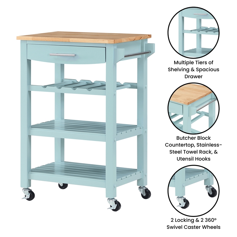 Pemberly Row 4-Tier Butcher Block Kitchen Cart w/ Drawer & Wine Rack - Blue Wood