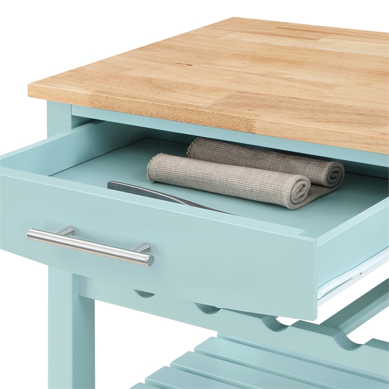 Pemberly Row 4-Tier Butcher Block Kitchen Cart w/ Drawer & Wine Rack - Blue Wood