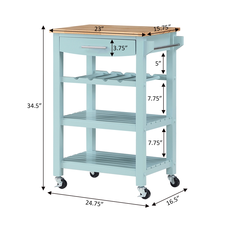 Pemberly Row 4-Tier Butcher Block Kitchen Cart w/ Drawer & Wine Rack - Blue Wood