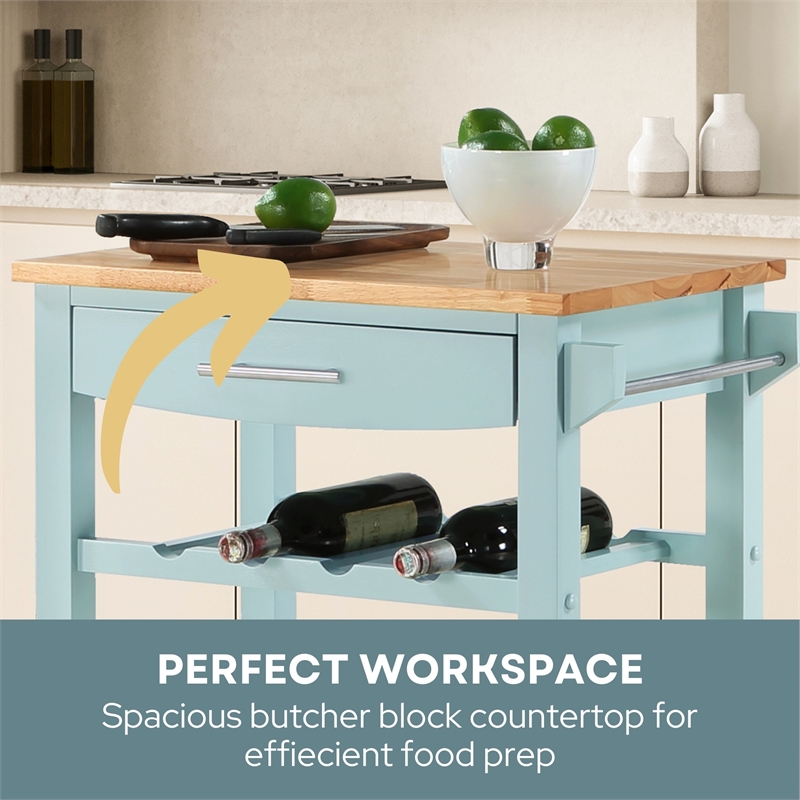 Pemberly Row 4-Tier Butcher Block Kitchen Cart w/ Drawer & Wine Rack - Blue Wood