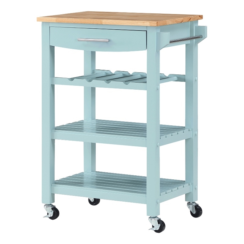 Pemberly Row 4-Tier Butcher Block Kitchen Cart w/ Drawer & Wine Rack - Blue Wood
