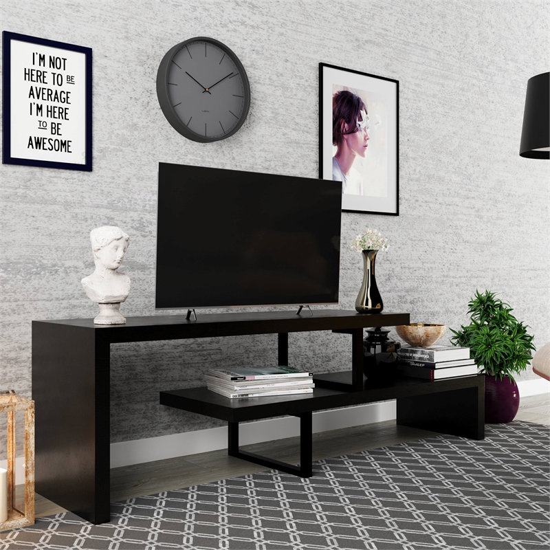 Pemberly Row Modern TV Stand with Wood Shelves and Iron Legs Ebony
