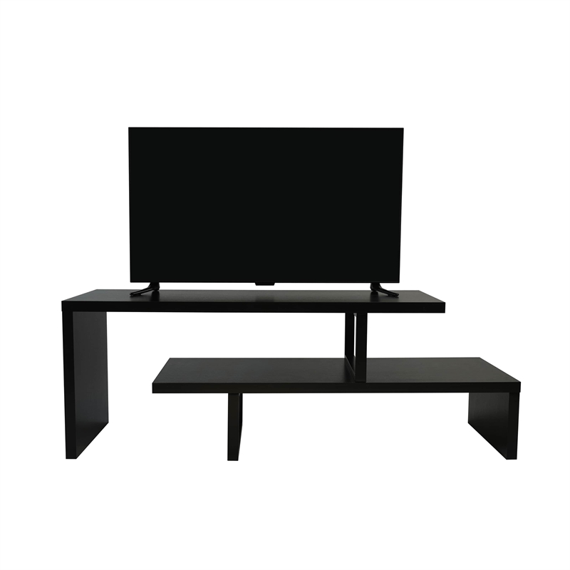 Pemberly Row Modern TV Stand with Wood Shelves and Iron Legs Ebony