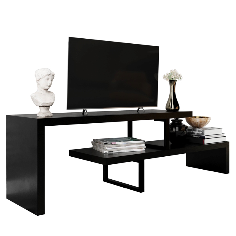 Pemberly Row Modern TV Stand with Wood Shelves and Iron Legs Ebony