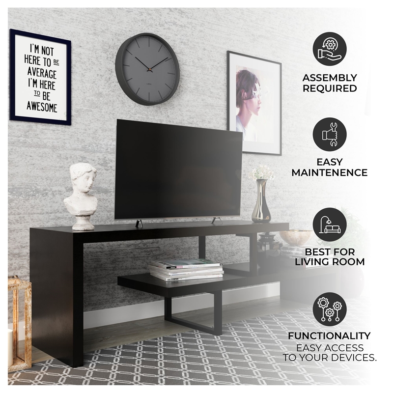 Pemberly Row Modern TV Stand with Wood Shelves and Iron Legs Ebony