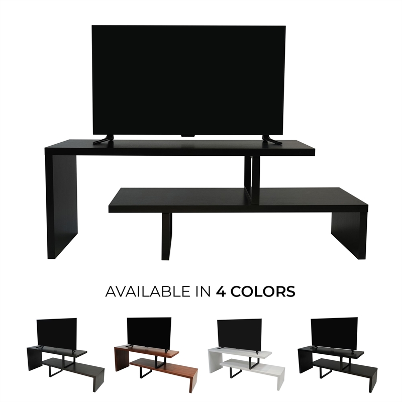 Pemberly Row Modern TV Stand with Wood Shelves and Iron Legs Ebony