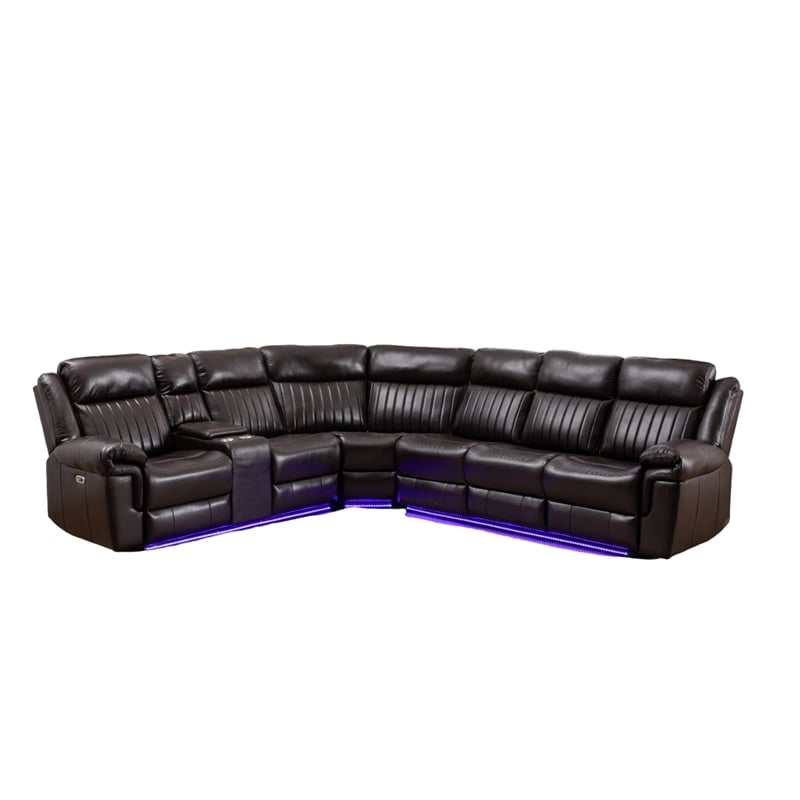 Pemberly Row Faux Leather Sectional w/ LED USB Speaker Wireless Charger - Brown