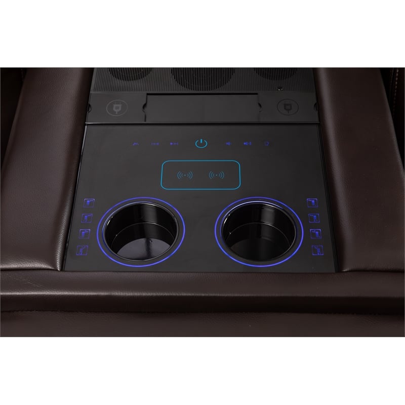 Pemberly Row Faux Leather Sectional w/ LED USB Speaker Wireless Charger - Brown