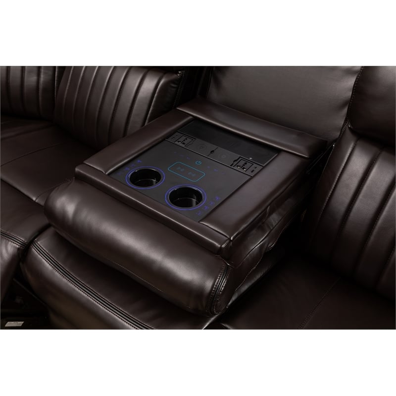 Pemberly Row Faux Leather Sectional w/ LED USB Speaker Wireless Charger - Brown