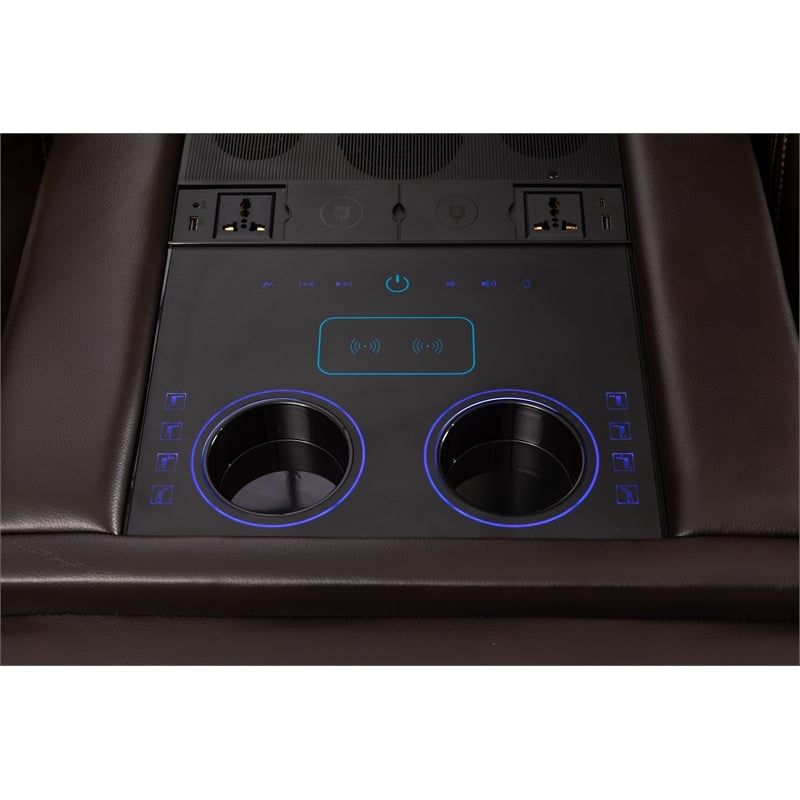 Pemberly Row Faux Leather Sectional w/ LED USB Speaker Wireless Charger - Brown