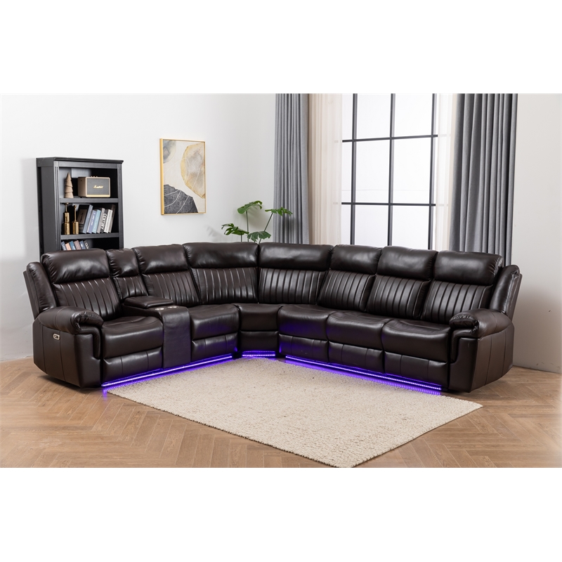 Pemberly Row Faux Leather Sectional w/ LED USB Speaker Wireless Charger - Brown