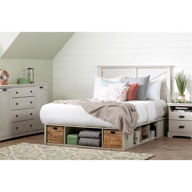 Pemberly Row Modern Queen Storage Platform Bed in Winter Oak