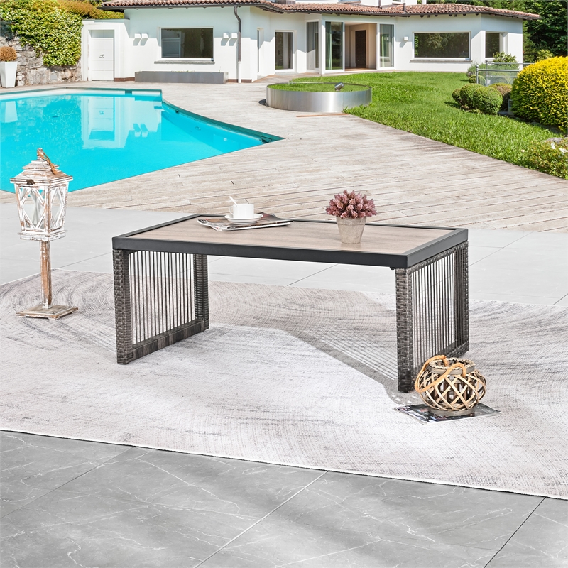 Pemberly Row Outdoor Wicker/Rattan and Metal Coffee Table in Gray