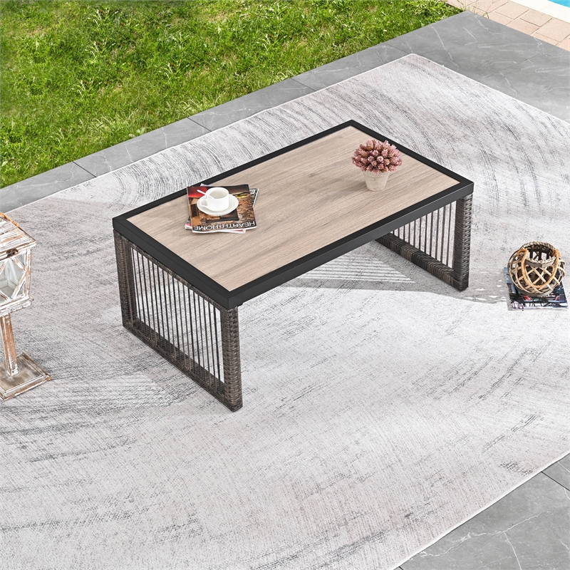 Pemberly Row Outdoor Wicker/Rattan and Metal Coffee Table in Gray