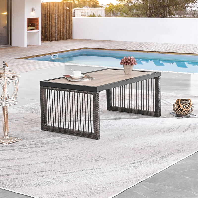 Pemberly Row Outdoor Wicker/Rattan and Metal Coffee Table in Gray