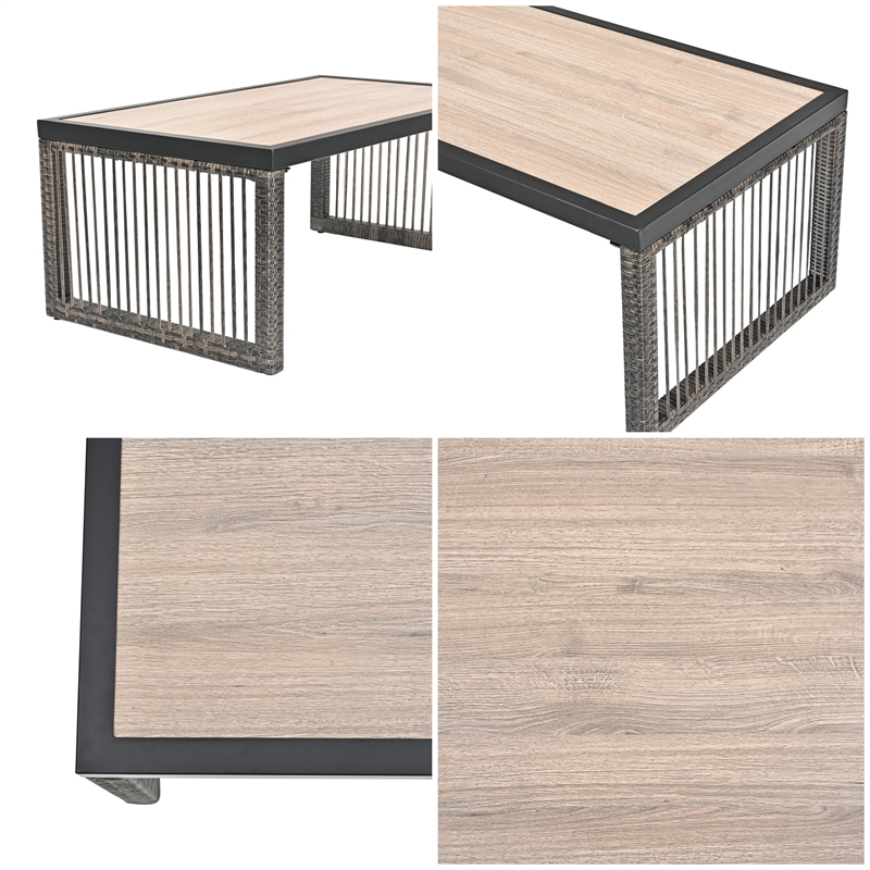 Pemberly Row Outdoor Wicker/Rattan and Metal Coffee Table in Gray