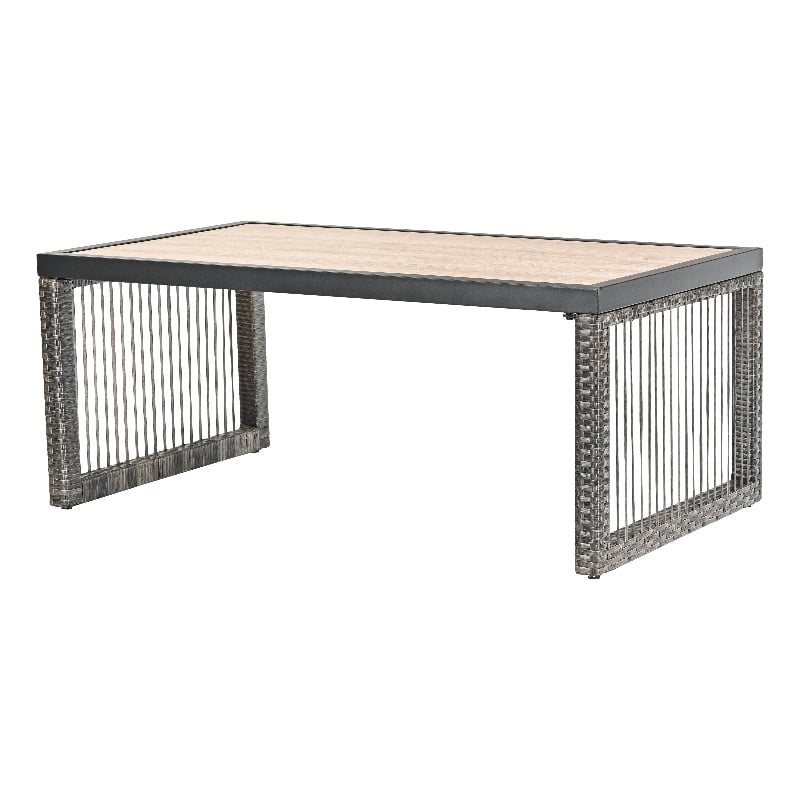 Pemberly Row Outdoor Wicker/Rattan and Metal Coffee Table in Gray