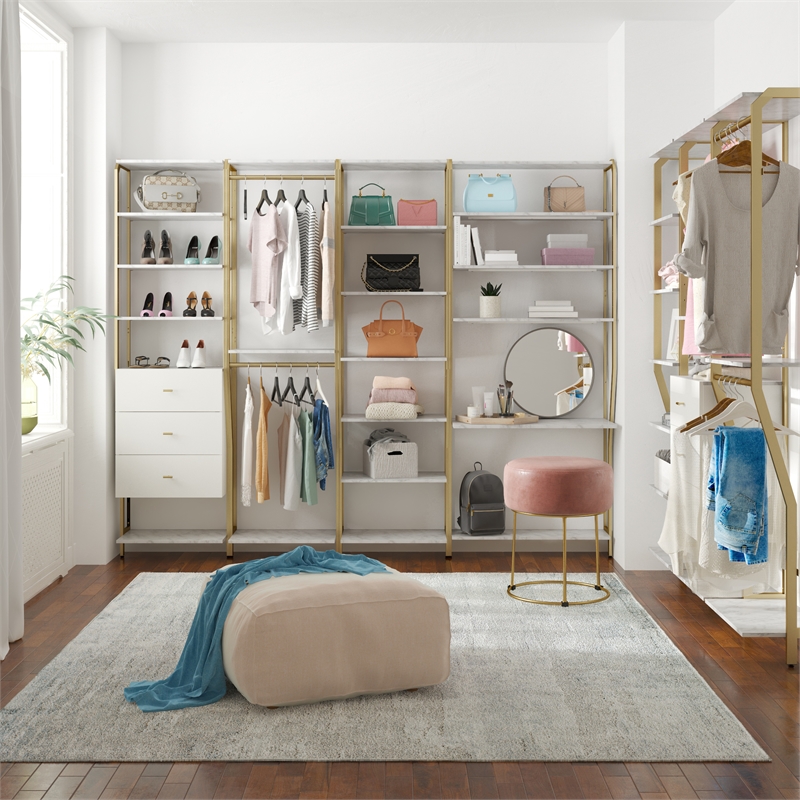 Pemberly Row Modern Closet Shelves in White Faux Marble & Bronze