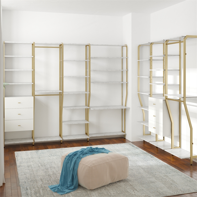 Pemberly Row Modern Closet Shelves in White Faux Marble & Bronze