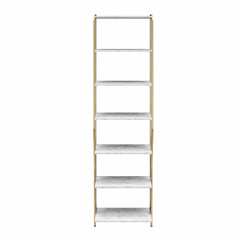 Pemberly Row Modern Closet Shelves in White Faux Marble & Bronze