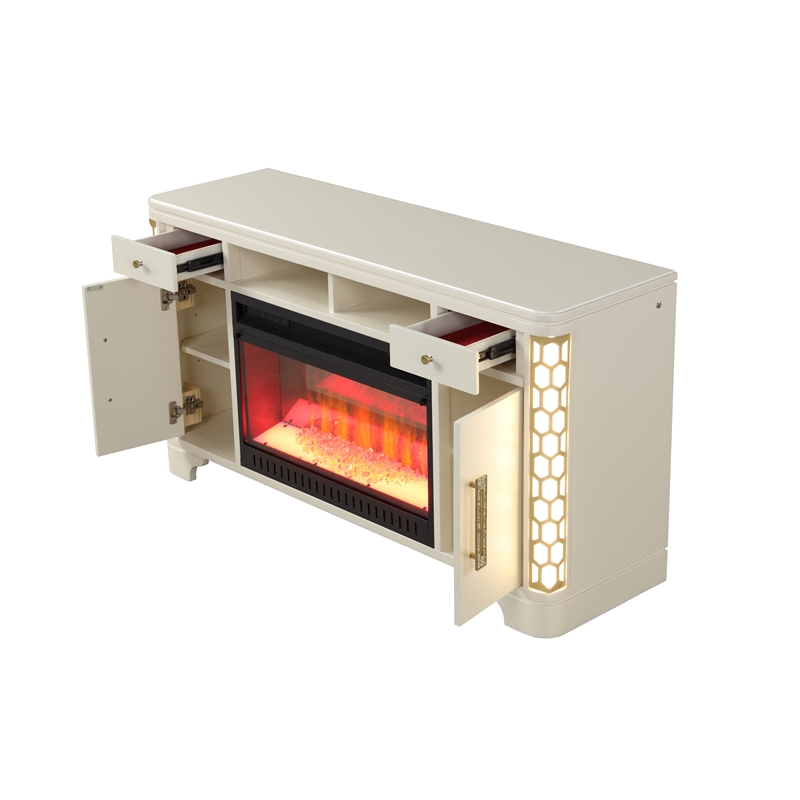 Pemberly Row Modern TV Stand With Electric Fireplace made with Wood in Beige