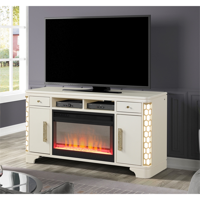 Pemberly Row Modern TV Stand With Electric Fireplace made with Wood in Beige