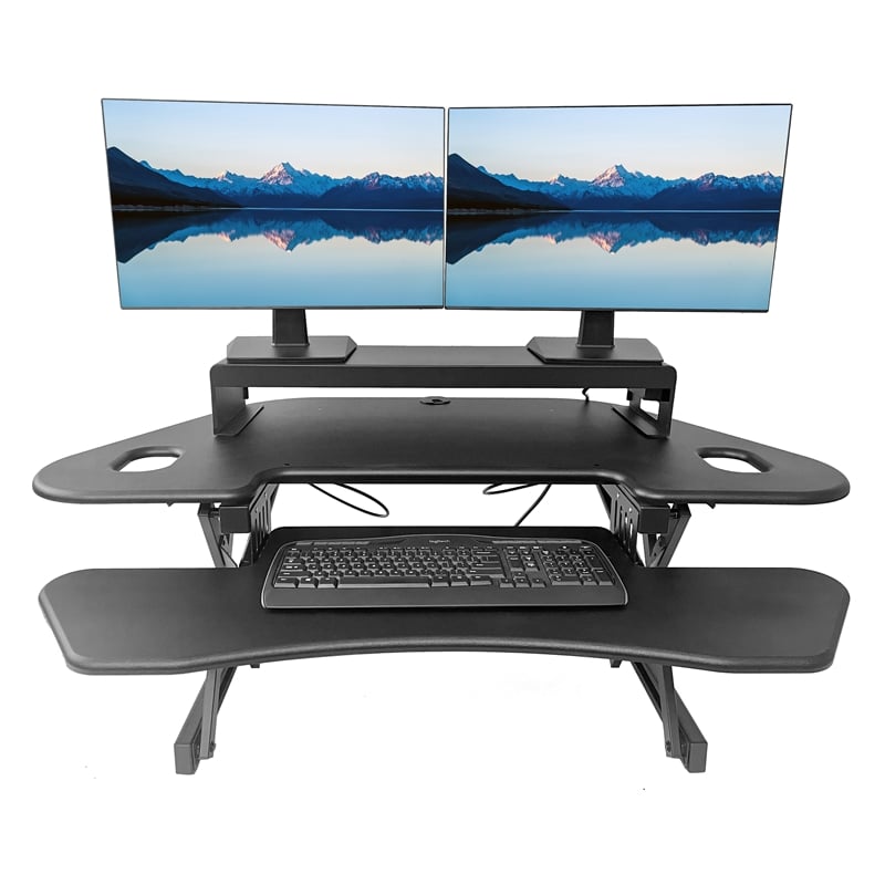 Pemberly Row Corner Standing Black Desk Converter ACUSB with Dual Monitor Stand