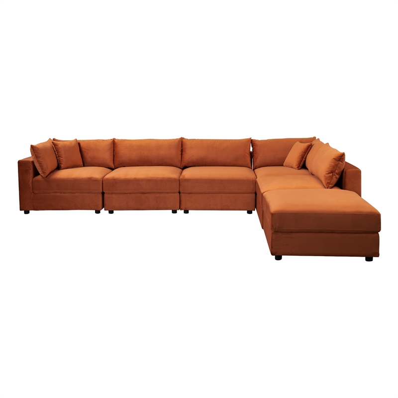 Pemberly Row Mid-Century Modular Burnt Orange Velvet Comfy Sectional Couch