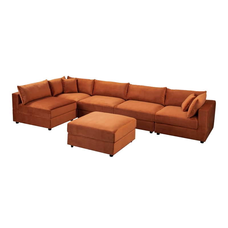 Pemberly Row Mid-Century Modular Burnt Orange Velvet Comfy Sectional Couch