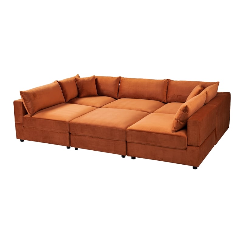 Pemberly Row Mid-Century Modular Burnt Orange Velvet Comfy Sectional Couch