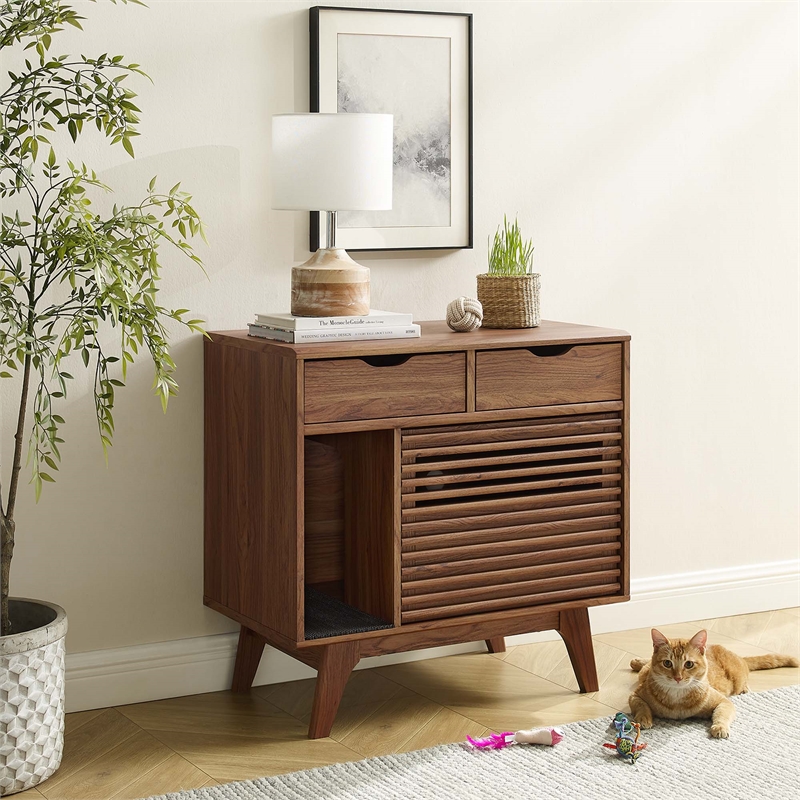Pemberly Row Modern / Contemporary Wood Cat Cabinet in Walnut