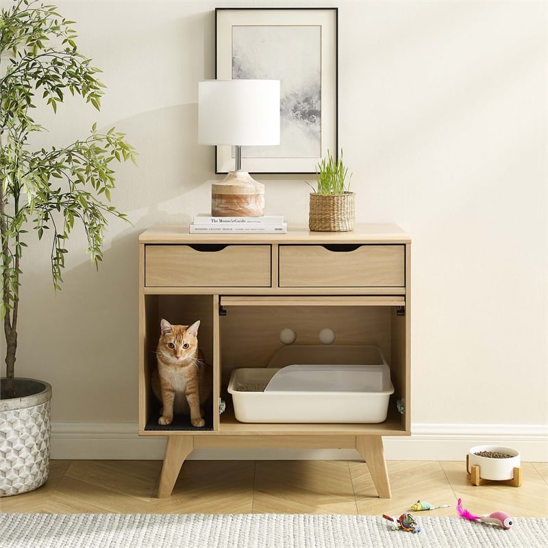 Pemberly Row Modern / Contemporary Wood Cat Cabinet in Oak Finish