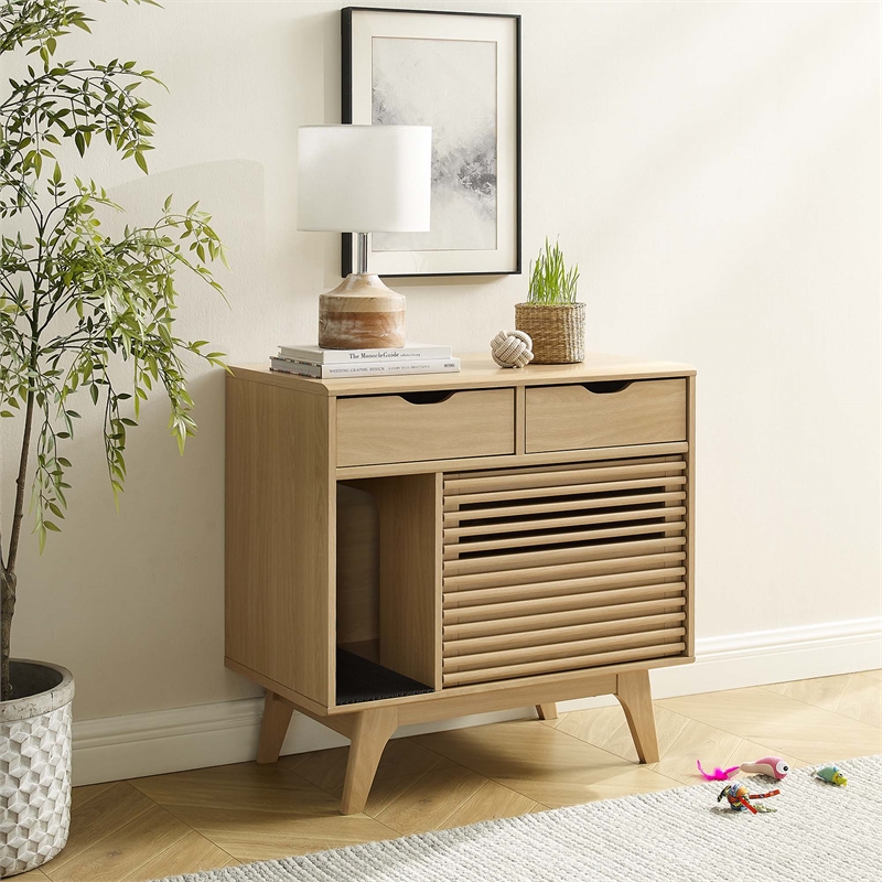 Pemberly Row Modern / Contemporary Wood Cat Cabinet in Oak Finish