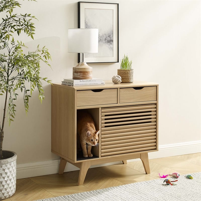 Pemberly Row Modern / Contemporary Wood Cat Cabinet in Oak Finish