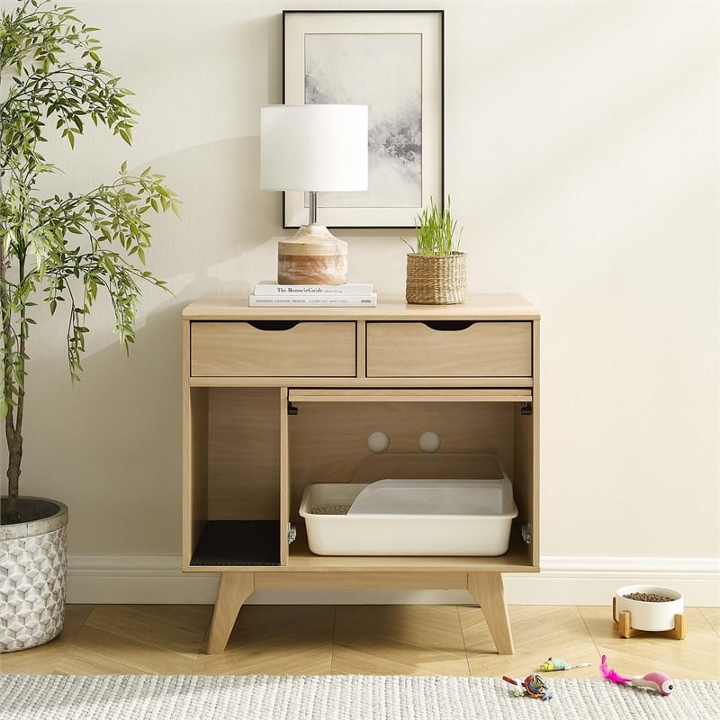 Pemberly Row Modern / Contemporary Wood Cat Cabinet in Oak Finish