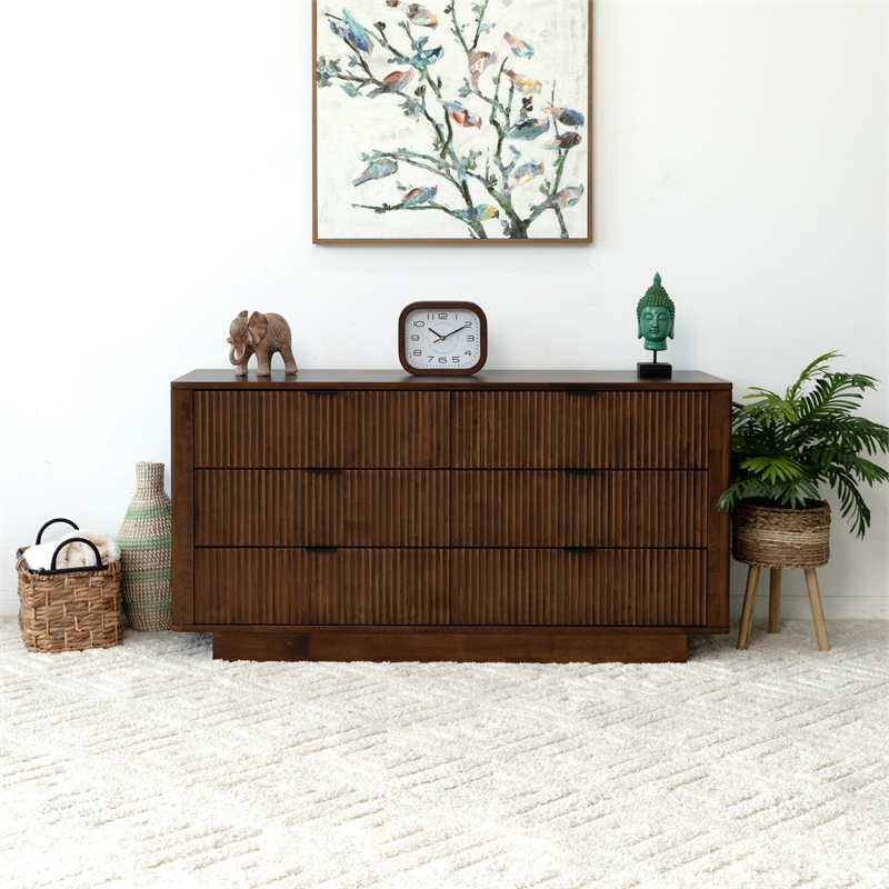 Pemberly Row Mid-Century Modern Solid Wood Walnut Dresser with 6 Drawers