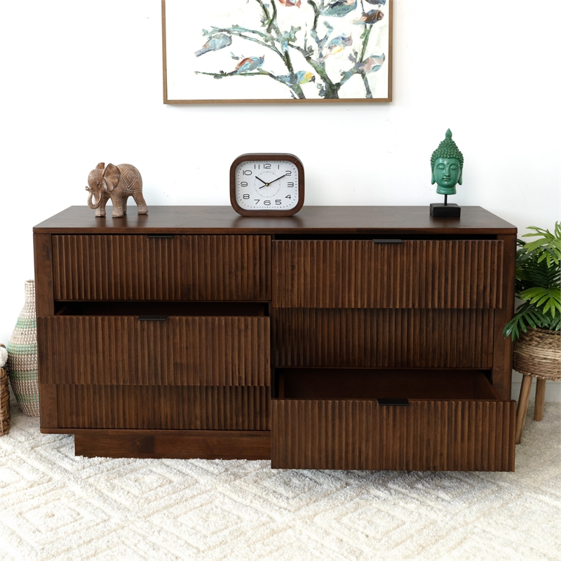 Pemberly Row Mid-Century Modern Solid Wood Walnut Dresser with 6 Drawers