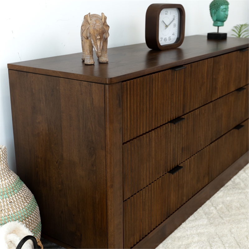 Pemberly Row Mid-Century Modern Solid Wood Walnut Dresser with 6 Drawers
