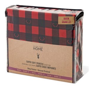 Pemberly Row 4-piece Polyester Buffalo Plaid Deer King Sheet Set in Red