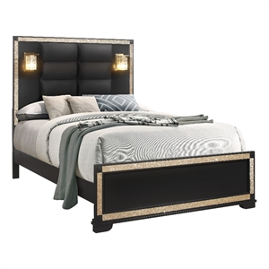 Pemberly Row Contemporary 85.5&quotW Wood Queen Bed in Black/Gold