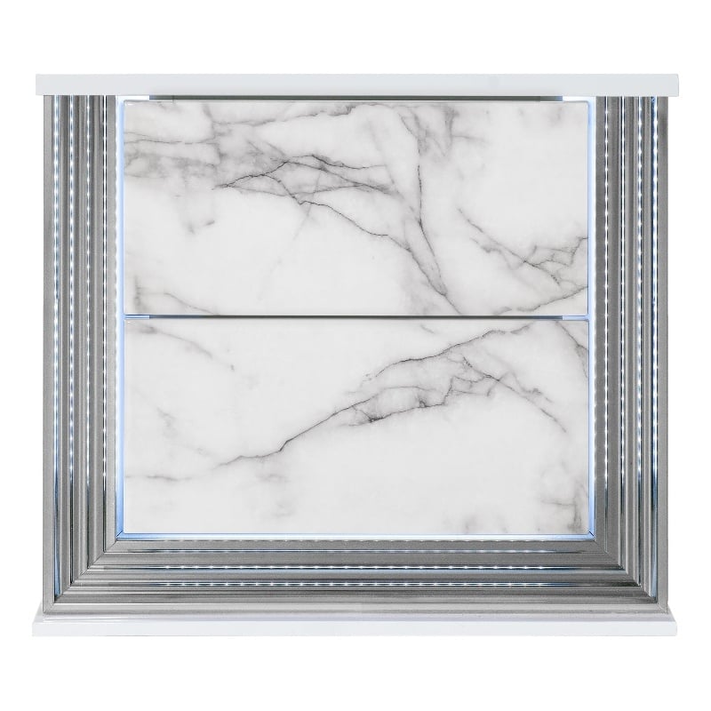 Pemberly Row White High Gloss Marble 2-Drawer Nightstand With LED