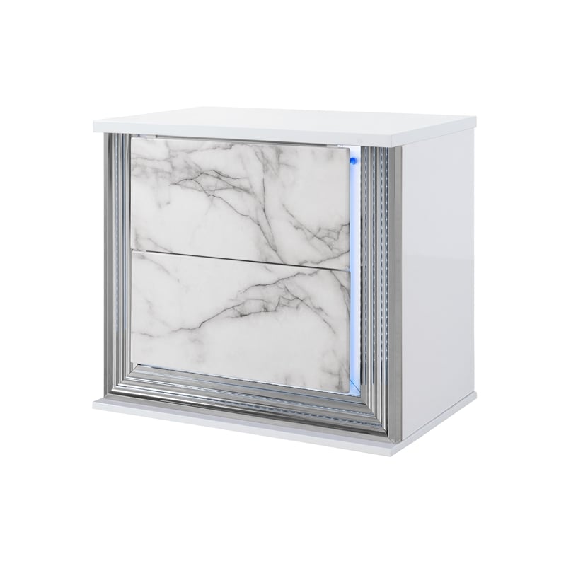 Pemberly Row White High Gloss Marble 2-Drawer Nightstand With LED
