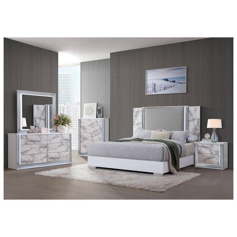 Pemberly Row White High Gloss Marble 2-Drawer Nightstand With LED