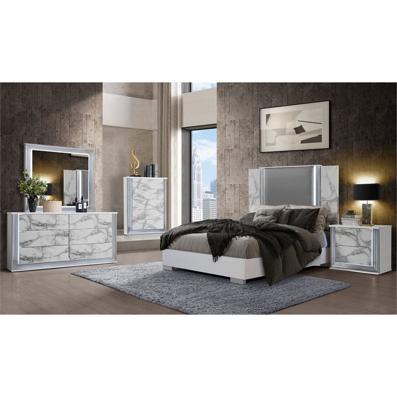 Pemberly Row White High Gloss Marble 2-Drawer Nightstand With LED