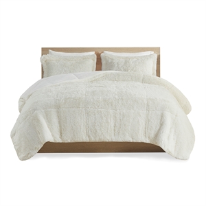 Pemberly Row Modern Shaggy Faux Fur Comforter Mini Set in Ivory