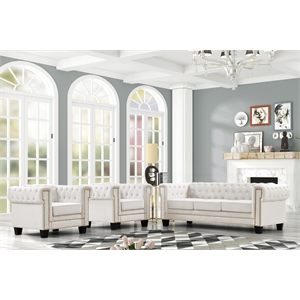 Pemberly Row 3-Piece Living Room Furniture Velvet Fabric Set in Off White