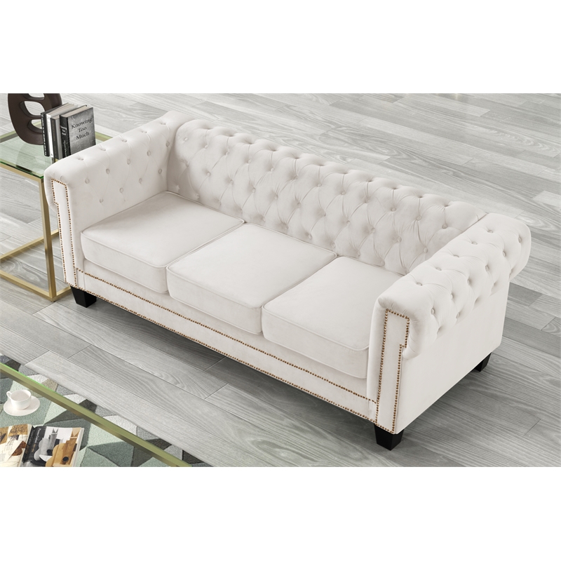 Pemberly Row 2-Piece Living Room Furniture Velvet Fabric Set in Off White